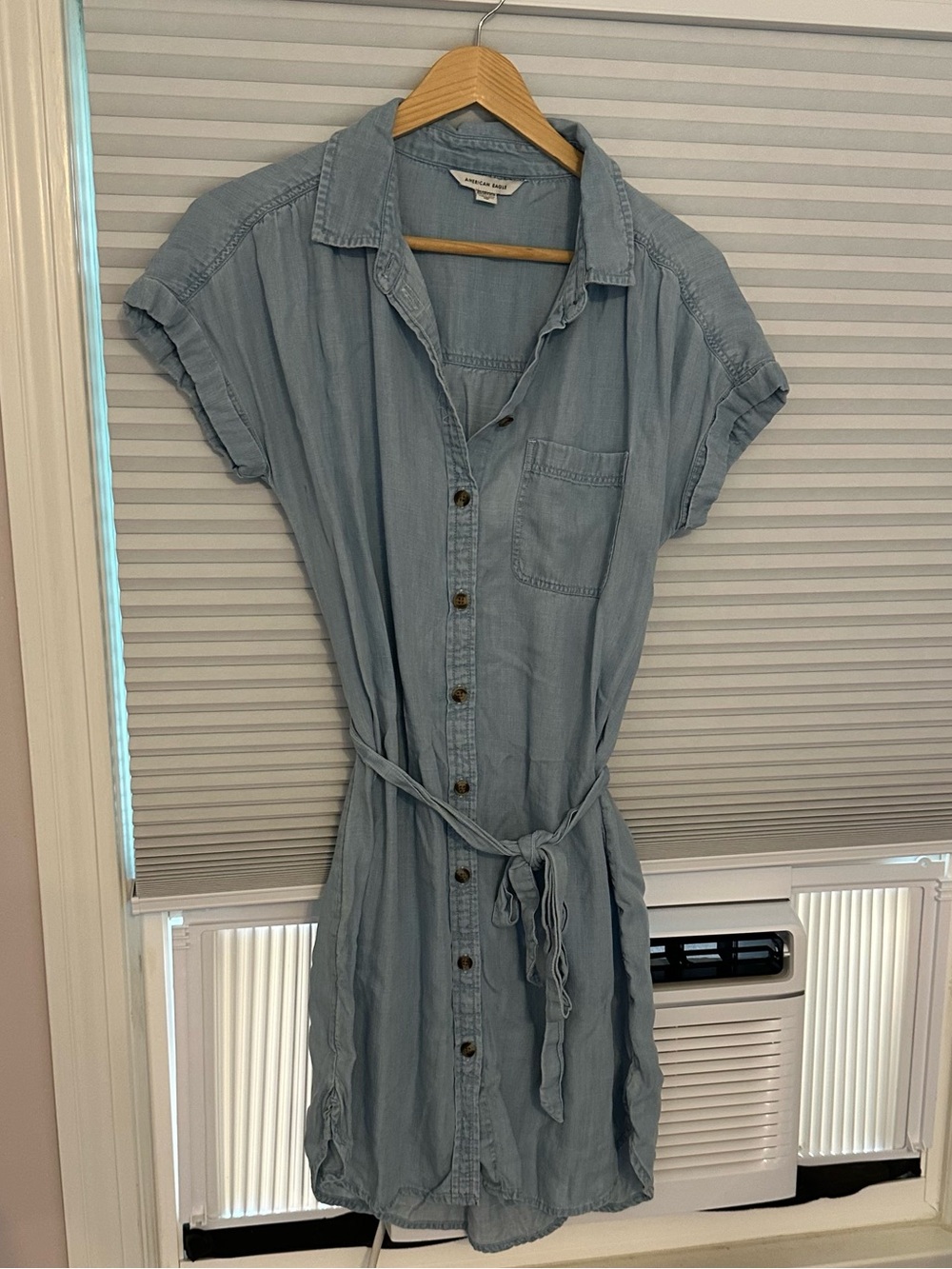 American Eagle Outfitters Light Blue Button-Front Tie-Waist Shirt Dress